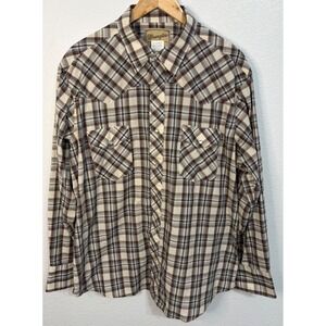 Wrangler Mens Western Shirt XL Brown Plaid Pearl Snap Long Sleeve